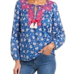 J. Crew Womens Embroidered Peasant Top XS Blue Pink V Neck Tasseled Cotton